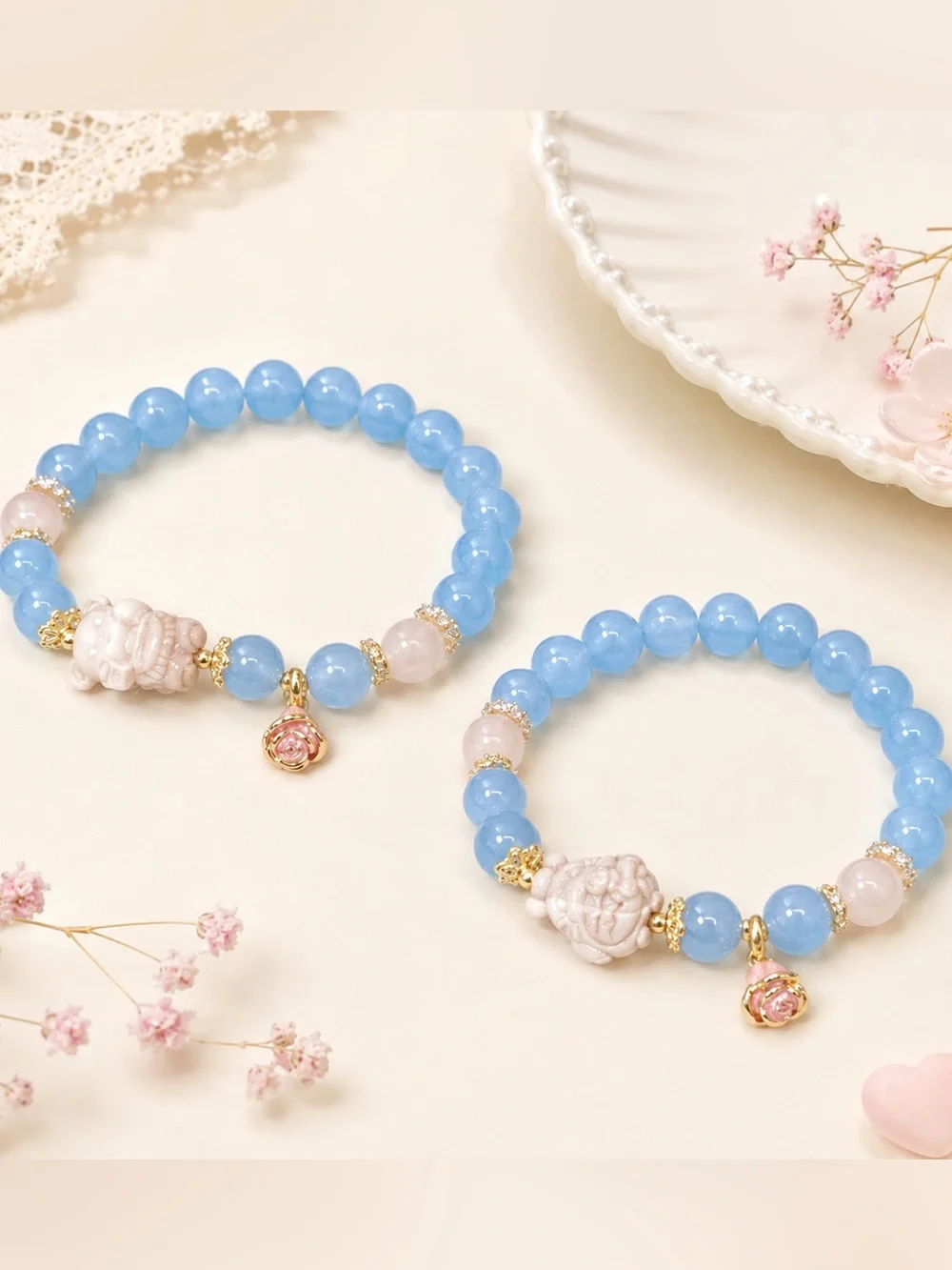 Handmade Blue Chalcedony Bracelet with Cute Alashan Agate stone charm 10mm